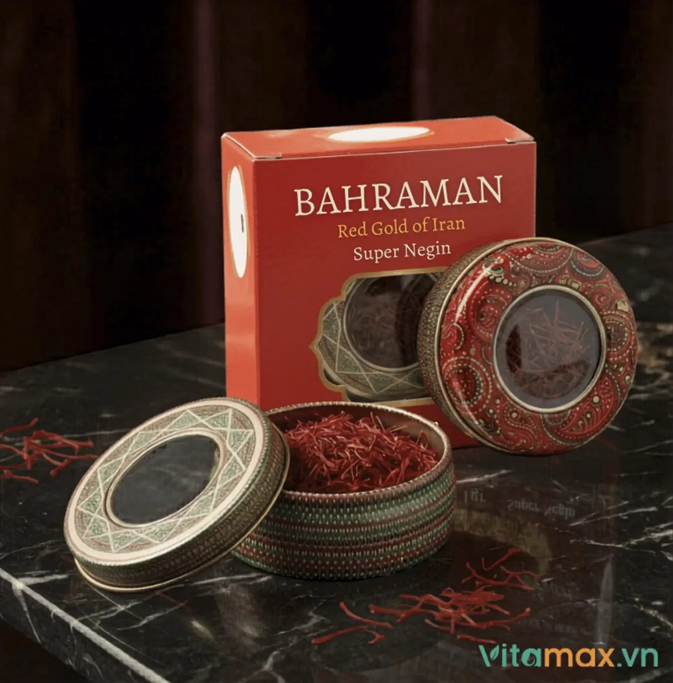 Hình Nhụy hoa nghệ tây Iran Bahraman Saffron Super Negin hộp tròn 1gram 2