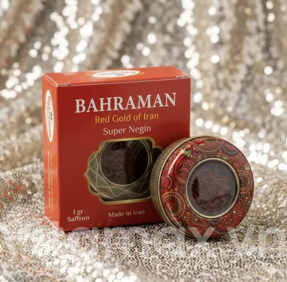 Hình Nhụy hoa nghệ tây Iran Bahraman Saffron Super Negin hộp tròn 1gram 3