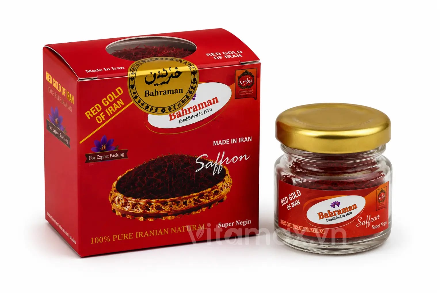 Hình Nhụy hoa nghệ tây Iran Bahraman Saffron Super Negin hộp tròn 1gram 1