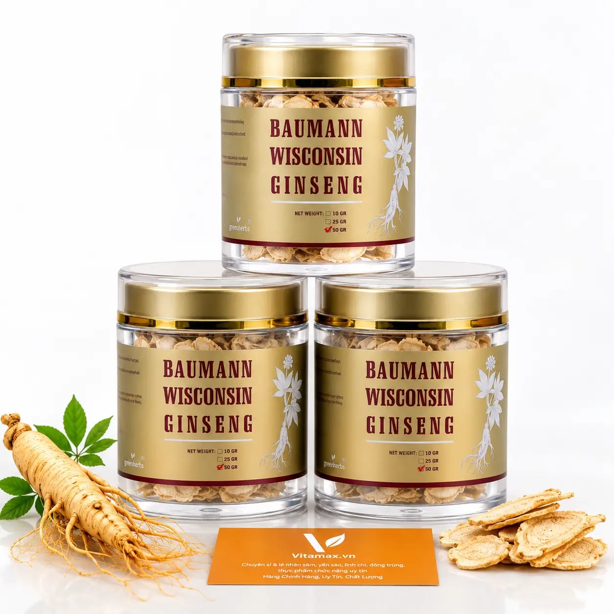 Hình Nhân Sâm Mỹ Baumann Wisconsin Dạng Thái Lát Hũ 50g 1