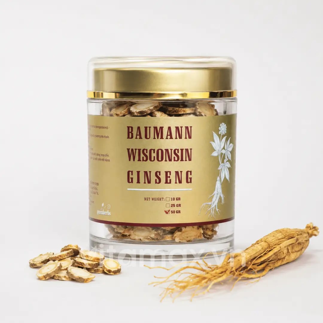Hình Nhân Sâm Mỹ Baumann Wisconsin Dạng Thái Lát Hũ 50g 2
